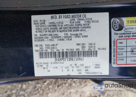 2009 Ford Fusion Se z USA, uszkodzony, nr VIN 3FAHP07139R150961